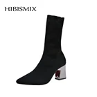 Сапоги-чулки HIBISMIX женские стрейчевые, высокий толстый каблук, заостренный носок, черные, модель 2020 года, весна-осень 1218