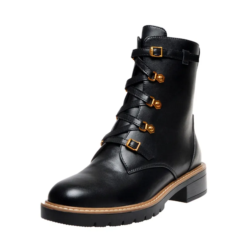 black ankle boots MORAZORA/ Новое поступление, Лидер продаж для отдыха Женские ботинки обувь на низком каблуке, с круглым носком; натуральная кожа; женские ботильоны с пряжкой - Цвет: black ankle boots