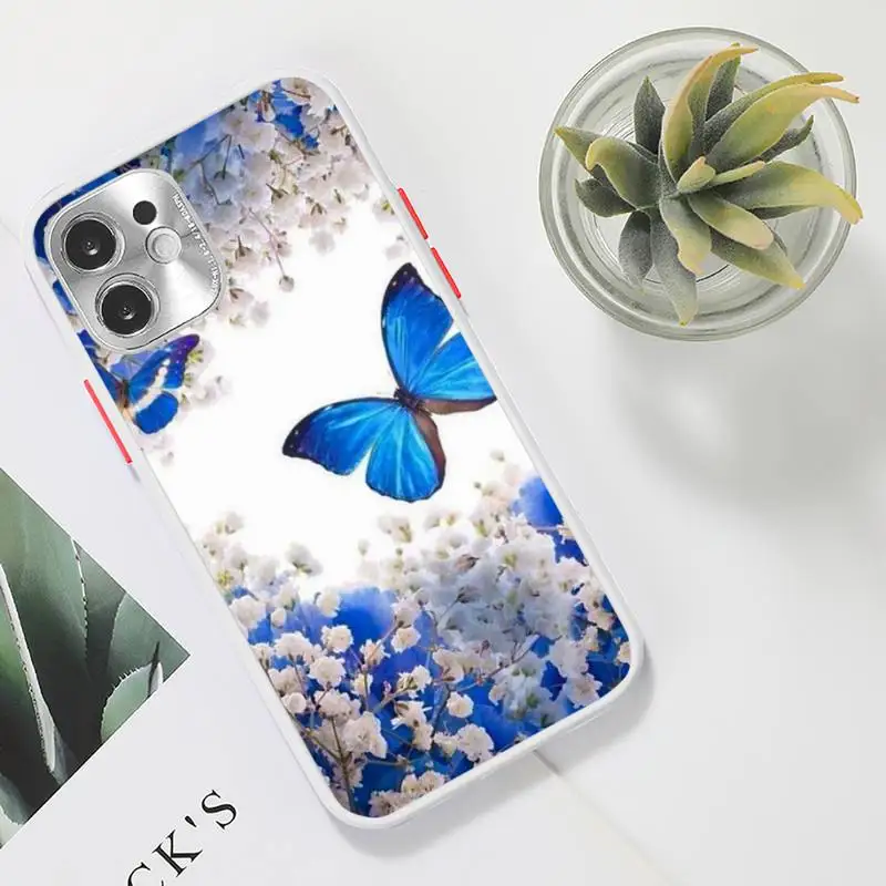 

Bling blue butterfly Phone Case Clear matte transparent For white iPhone 7 8 x xs xr 11 12 pro plus max mini Funda