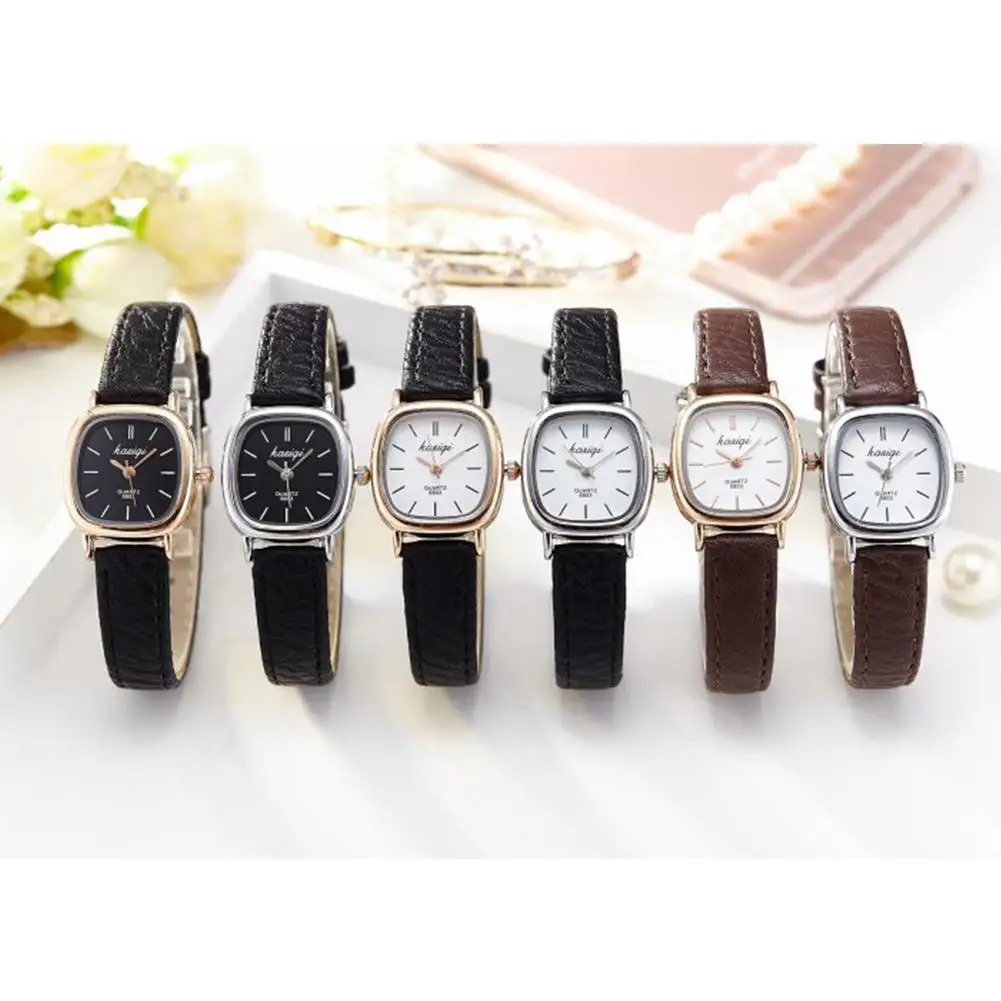 Женская мода маленький циферблат кварцевые часы кожаный ремешок наручные