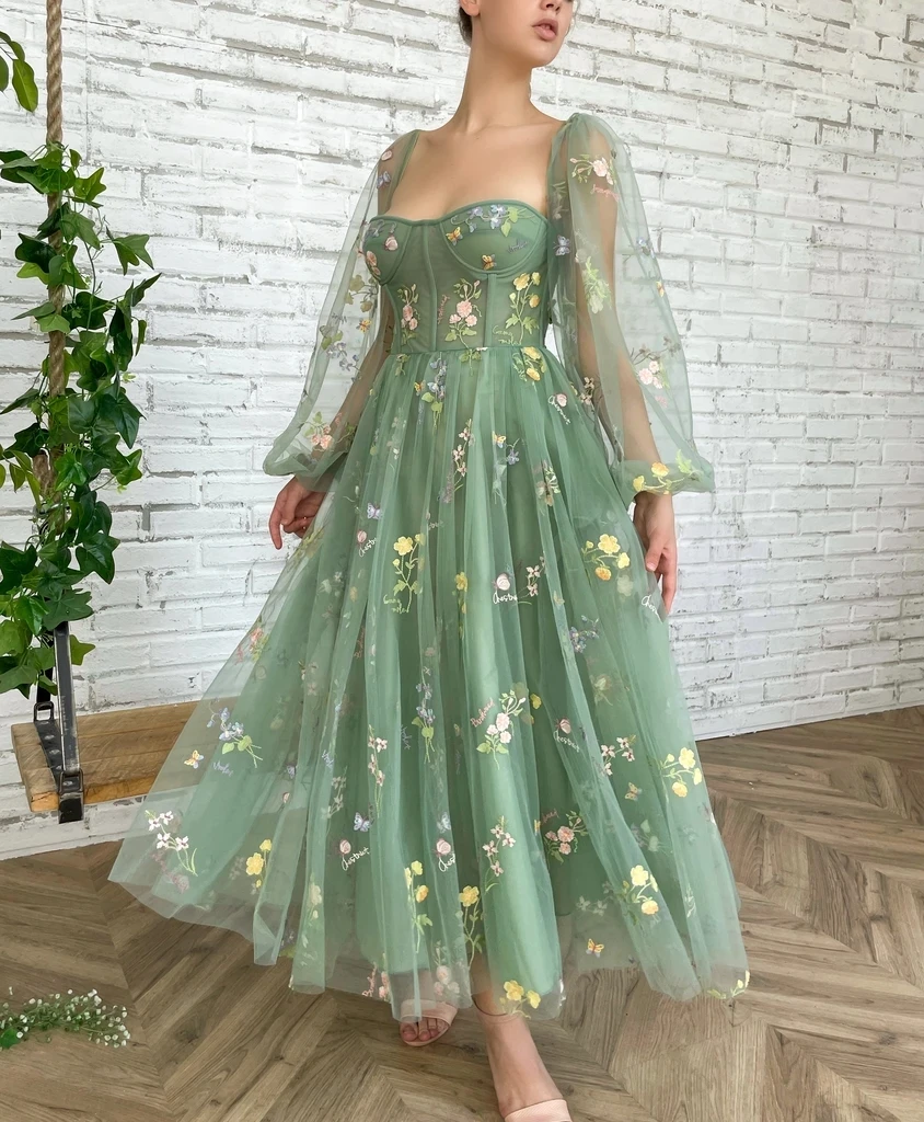 

Mint Green Moroccan Prom Dresses A-line Long Sleeves Tulle Appliques Teuta Robe De Soiree Prom Gown Mato Evening Dresses Shi