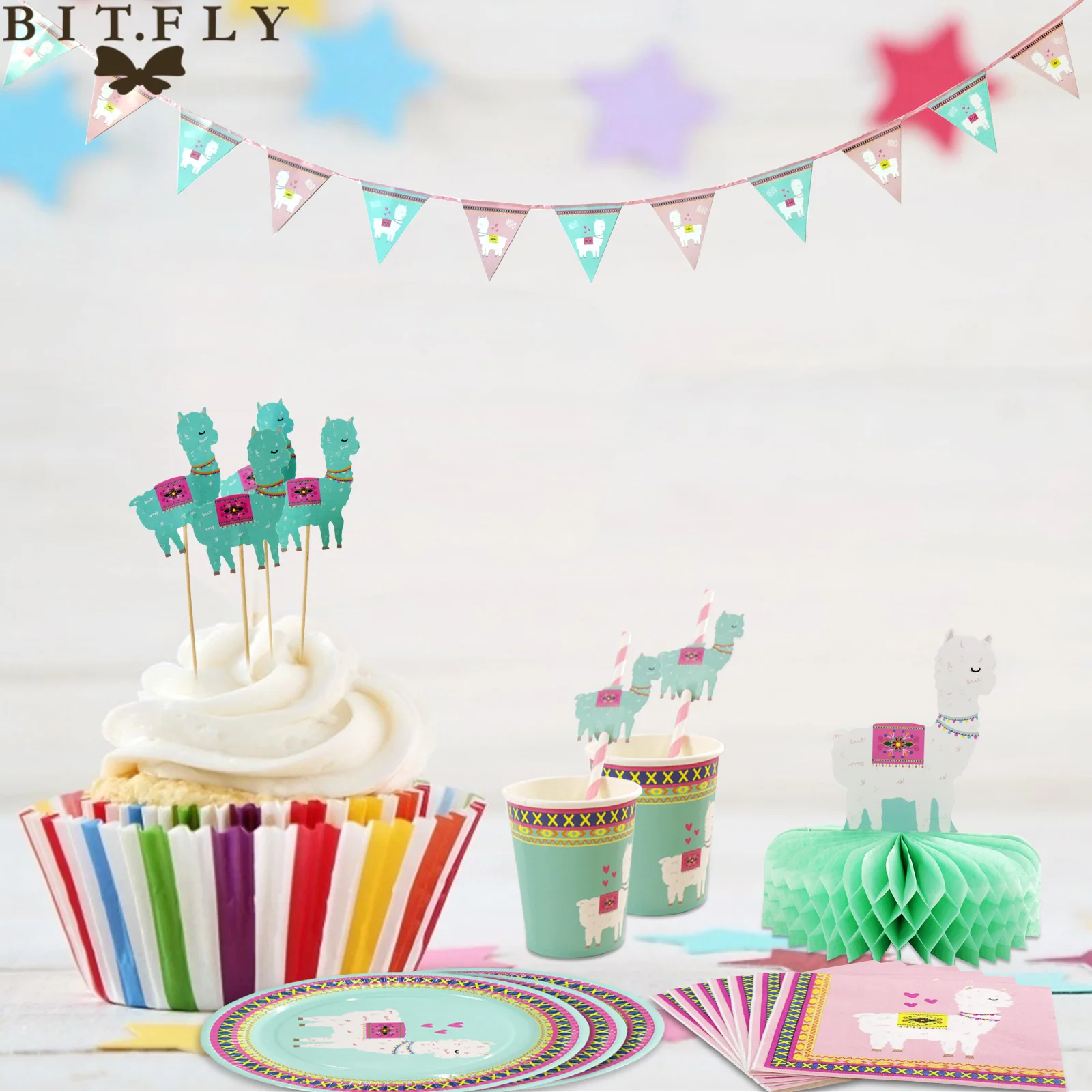 Набор столовой посуды с мультяшной ламой и альпакой бумажные одноразовые