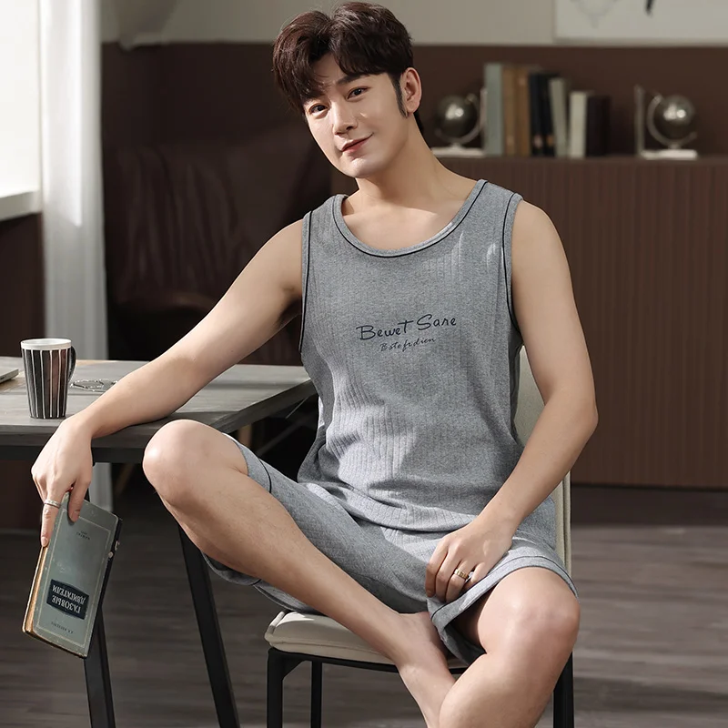 Summer Light Gray Casual Tracksuit Plus Size L-4XL Pajamas Men Letter Print Sleep Vest Shorts Set Mens Sleeveless Pijamas Hombre | Мужская