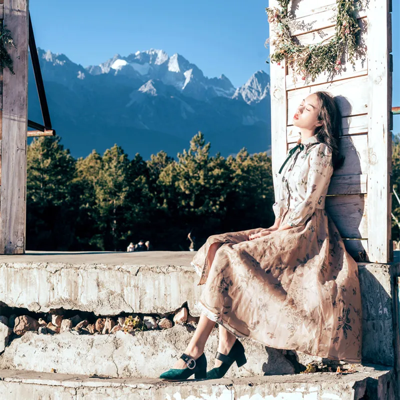 Женское винтажное платье миди в стиле ретро с цветочным принтом рукавами