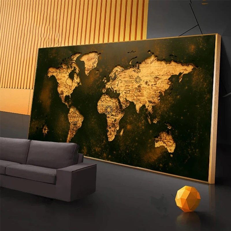 

Modern art picture black gold world map classical style canvas painting abstract mural modern home corridor decoration painting