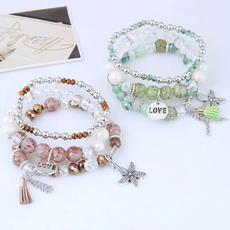 1PC/1Set Starfish Bangles Jewelry Gifts Multilayer Natural Stone Shell Letter Tassel LOVE Vintage Leaf Charms Beads Bracelets | Украшения и