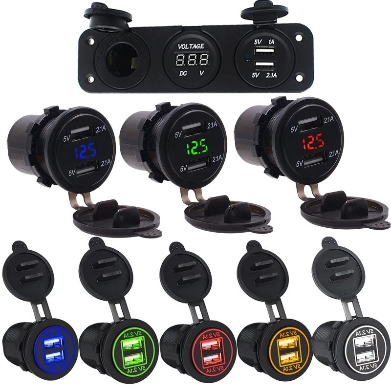 Автомобильное зарядное устройство для мотоцикла с двумя usb разъемами вольтметр