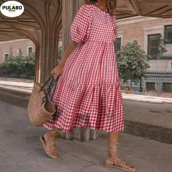 

Летнее платье 2021 Женские повседневные футболки с коротким рукавом в клетку с принтом Открытое платье без рукавов свободная плиссированная ...