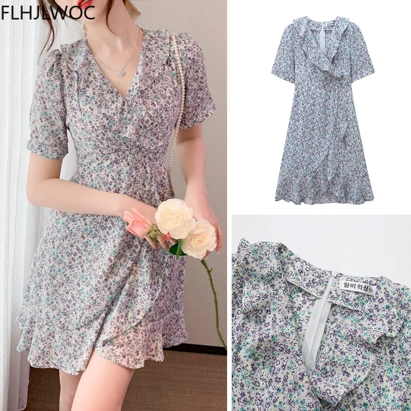 

2021 Summer Cute Lolita Japan Style Bow Tie Lace Up Women Printing Ruffled One-Piece Short Dress Floral Vintage Vestidos
