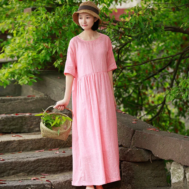 Женское хлопковое льняное платье Johnature однотонное свободное удобное с круглым