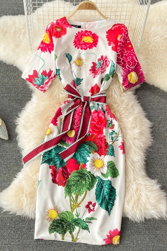 

Elegant Dress Fashion Outwear Summer Hit Color Comfort Round Neck Dress Women Short Sleeve Collect Waist Vestidos 2021