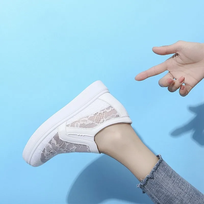 2021 White Women Shoes Summer Mesh Lace Women Casual Shoes Sneakers Breathable Hollow Flat Loafers Slip-On Height Increase Shoes