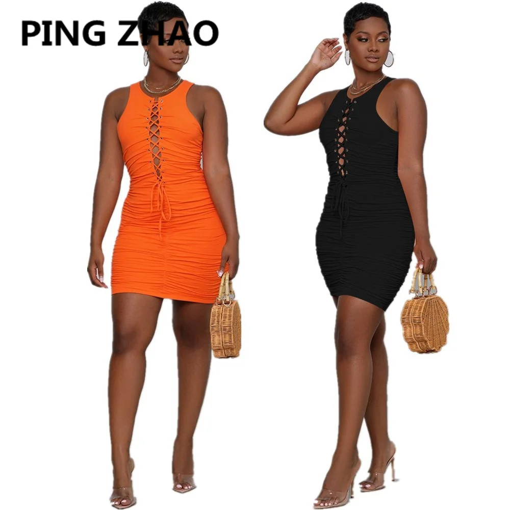 

PING ZHAO Women Summer Mini Dress Fashion Sleeveless O-Neck Bodycon Bandage Party Night Club Street Dresses Vestidos 2021