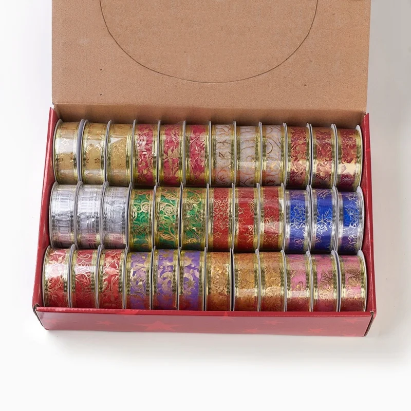 36 рулонов/партия лента из органзы с принтом 1 дюйм (25 мм) обшивкой проволоки для