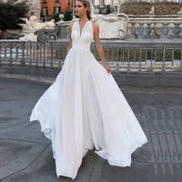 classic a line lace chiffon modern wedding dresses v neck sleeveless long bride gowns plus size open back wedding gowns 2021