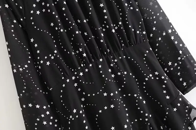 VOGUEIN New Womens Stars Print Transparent O-Neck Chiffon Asymmetrical Black Mini Dress Wholesale | Женская одежда