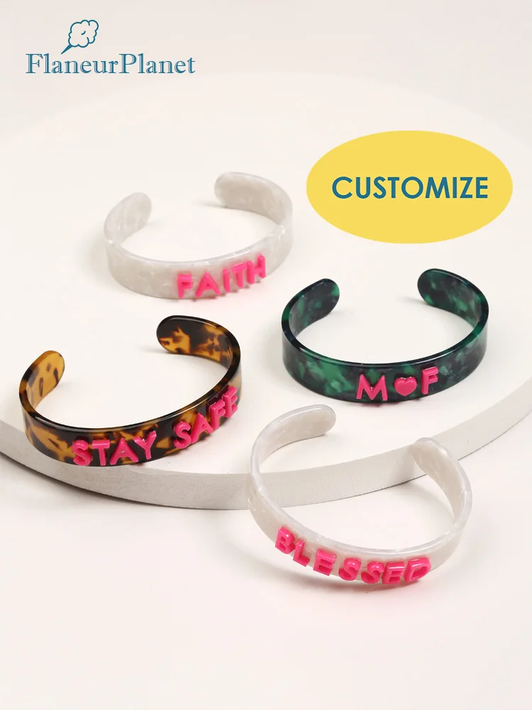 

FlaneurPlanet Personalized Name Initials Cellulose Acetate Slim Bangle Bracelet Custom Cuff Bracelet Brazil Hot