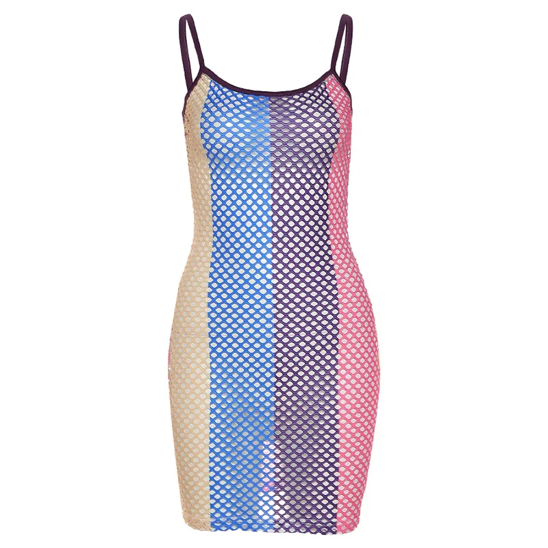 

2021 summer new women's fashion print sexy hollow mesh stitching bag hip dress women