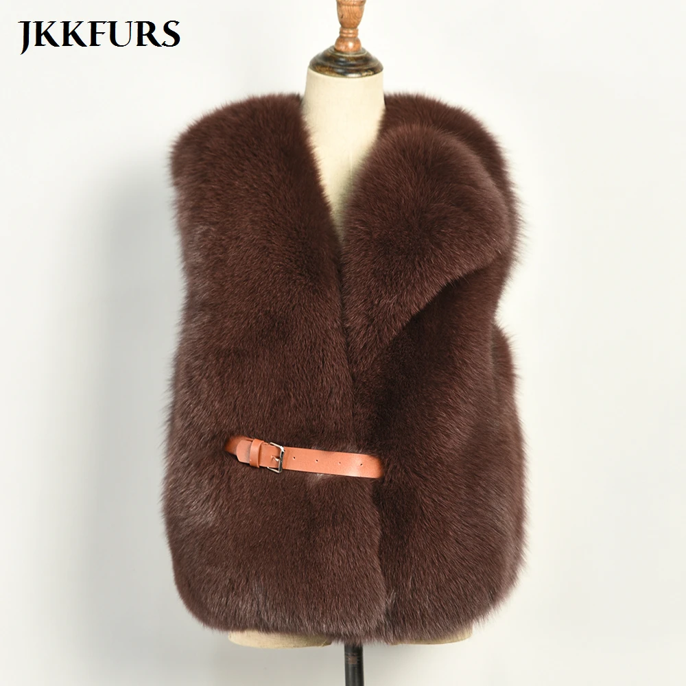 

Women's Real Fox Fur Gilet With Belt Short Thick Warm Fur Vest Winter Fashion Lady Waistcoat S7563