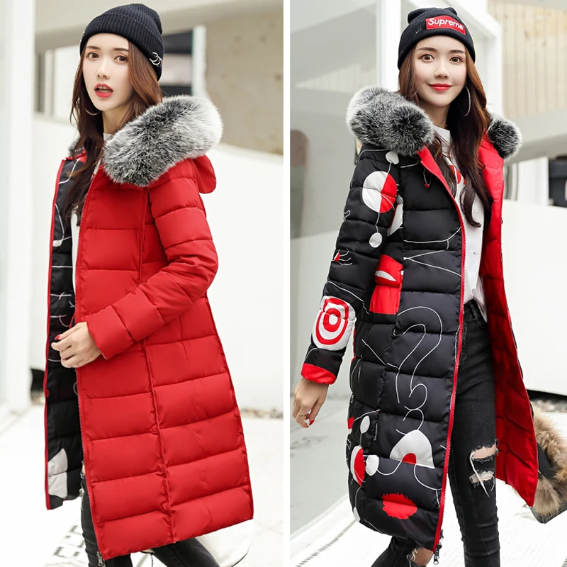 

Hooded Winter Jacket for Women, Both Sides Can Be Worn, With Fur Collar, Long Parka, Korean Style Padded Puffer Coat, 2021