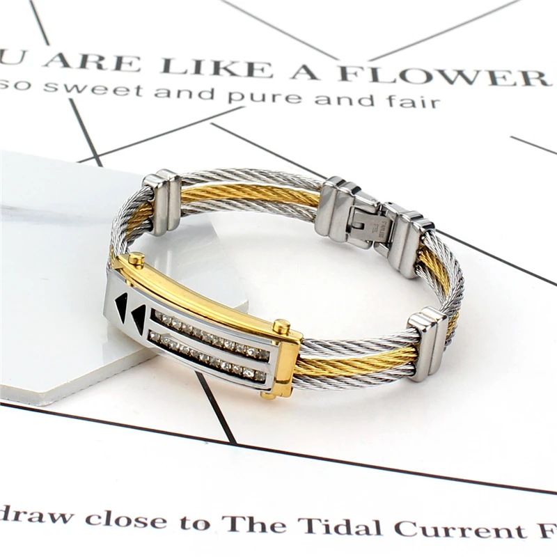 

Korean Style Fashion Double Layer Cubic Zirconia Charm Bangles for Women Girls Stainless Steel Wire Bracelet pulseira feminina