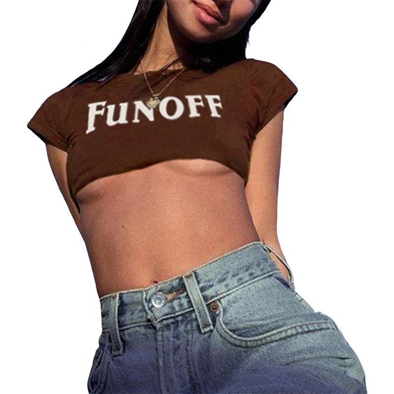 

Hirigin 2021 Women Summer Crop Tops Letter Print Round Neck Short Sleeves Slim T-Shirt Streetwear for Girls