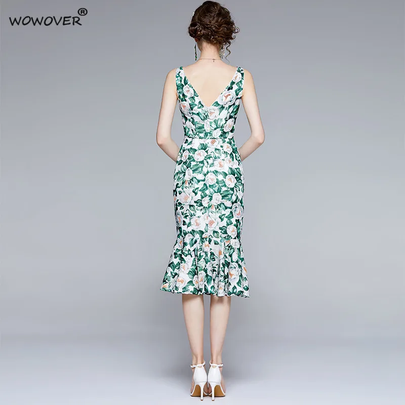 

Runway Fashion Floral Print Summer Midi Spaghetti Strap Trumpet Dress Women Sleeveless Backless Sexy Sundress Party Vestidos