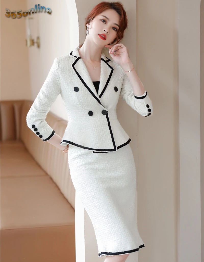 2023 Autumn/Winter Formal Women's Business Set with Skirt and Jacket Coat High Quality Fabric OL Style Professional White Black