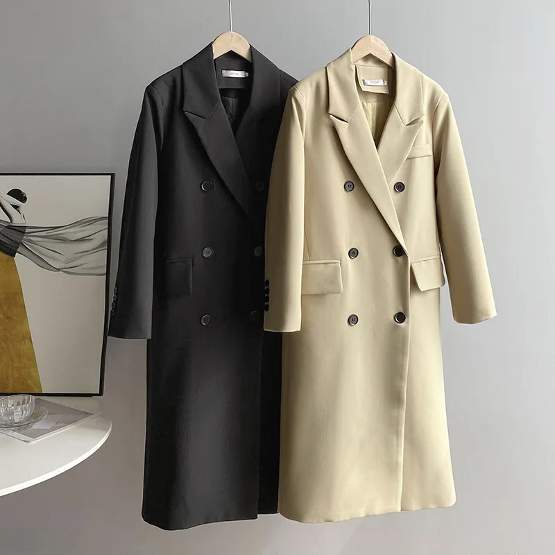 

Fashion Double Breasted Long Blazer Coat Women 2021 Autumn Black Loose Casual Korean Woman Long Sleeve Suit Tops High Quality