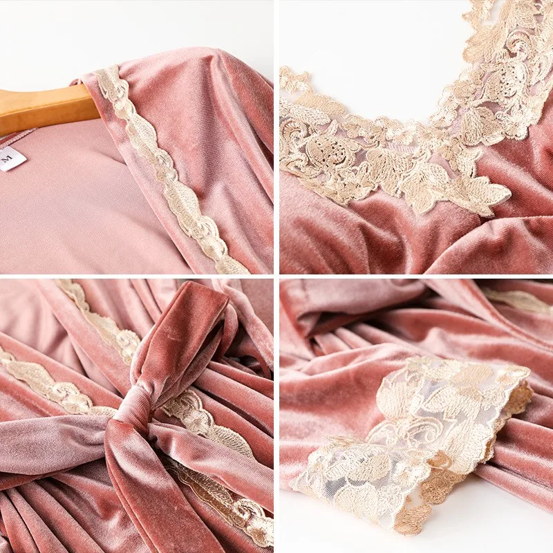 

Lace Sleep Set Velvet Women 4PCS Pajamas Suit Autumn Winter New Pajama Kimono Robe Gown Casual Home Clothes Pyjamas Lingerie