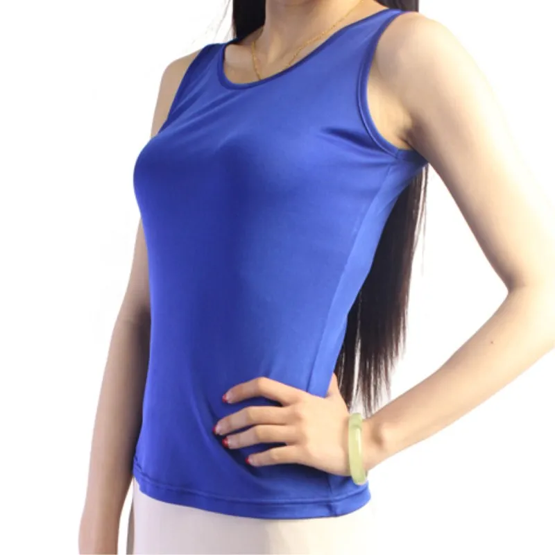 

Female Spring Plus Size Solid O Neck Stretch Sleeveless 96% Silk Tops Woman Summer Hedging Silk Tees Lady Slim Shirts Lady Tee