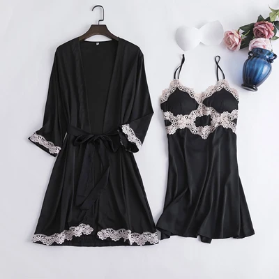 black set Fiklyc нижнее белье женский сексуальный халат с длинными рукавами+ подтяжки ночная рубашка из двух частей женские Соблазнительные ночнушки атласные и кружевные - Цвет: black set