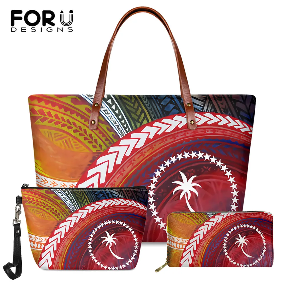 

FORUDESIGNS 2020 New Handbag for Women Micronesian Reggae Color Style Ladies Big Soft Shoulder Bags And PU Leather Wallet 3Set