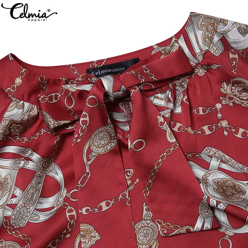

Women Tops and Blouse 2021 Celmia Autumn Long Sleeve Bow Elegant Printed OL Shirts Casual Loose Satin Blusas Femininas Plus Size