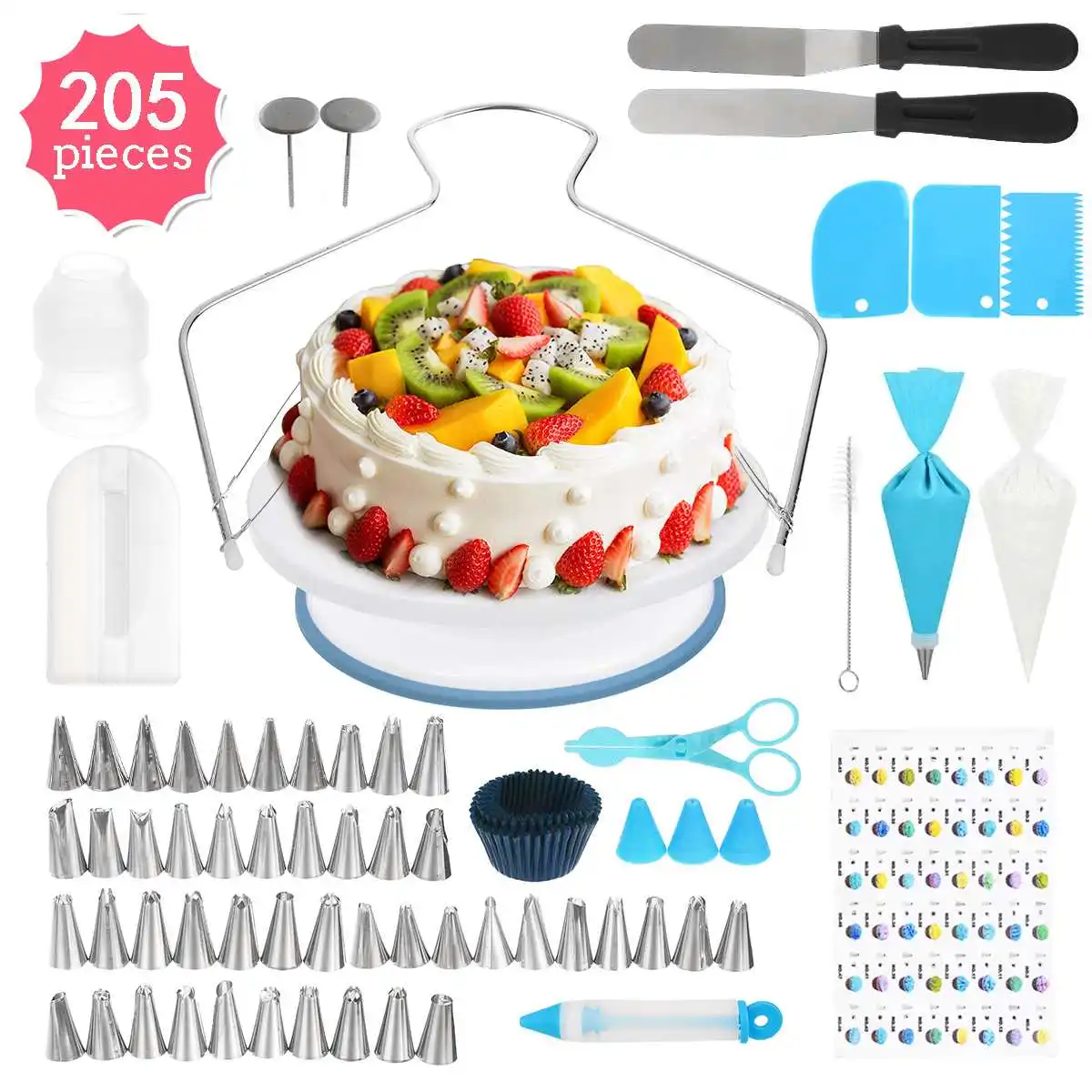 

Набор инструментов для выпечки, 205 шт., инструменты для украшения тортов, насадки для торта, нескользящий поворотный круг для помадки