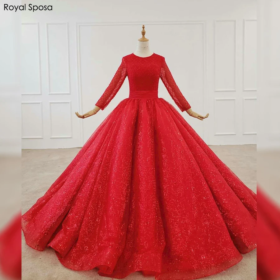 Красивое красное мусульманское свадебное платье с длинными рукавами и бисером