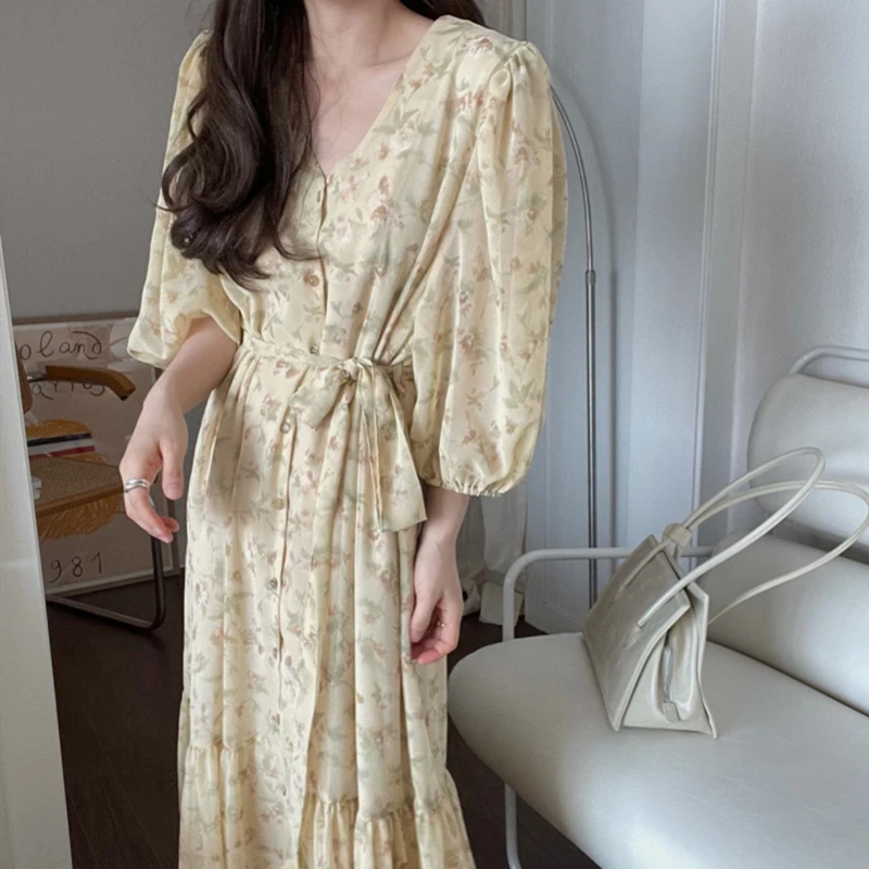 

2021 New Women Summer Autunm Dresses Printed Floral High Waist Chiffon Lace Up Vintage Korean Elegant Lady Long Dresses
