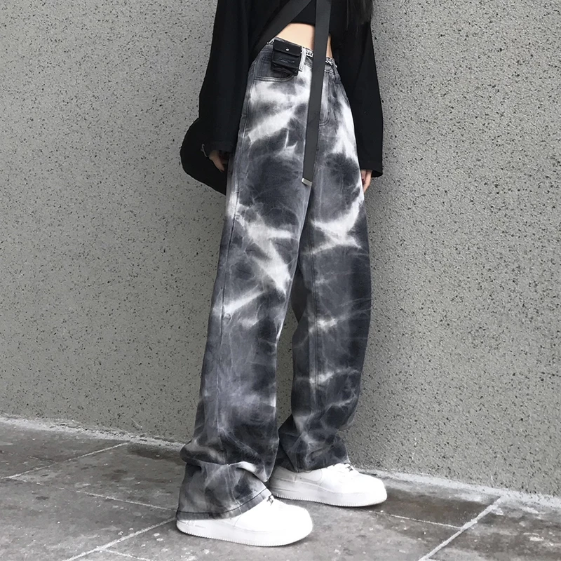 

SHENGPALAE Tie Dye Design Jeans Women's Spring 2021 New High Waist Streetwear Straight Tube Loose Denim Pants Trousers 5B832