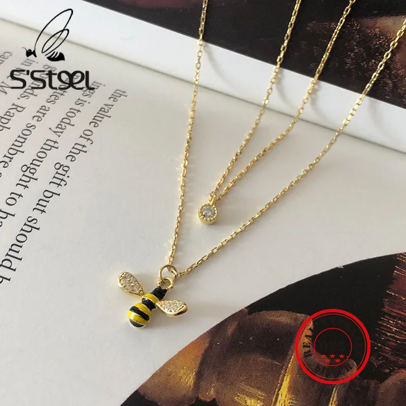 

S'STELL 925 Sterling Silver Necklaces For Women Cute Bee Pendants Gold Chain Layered Necklace Zircon Minimalist Fine Jewelry