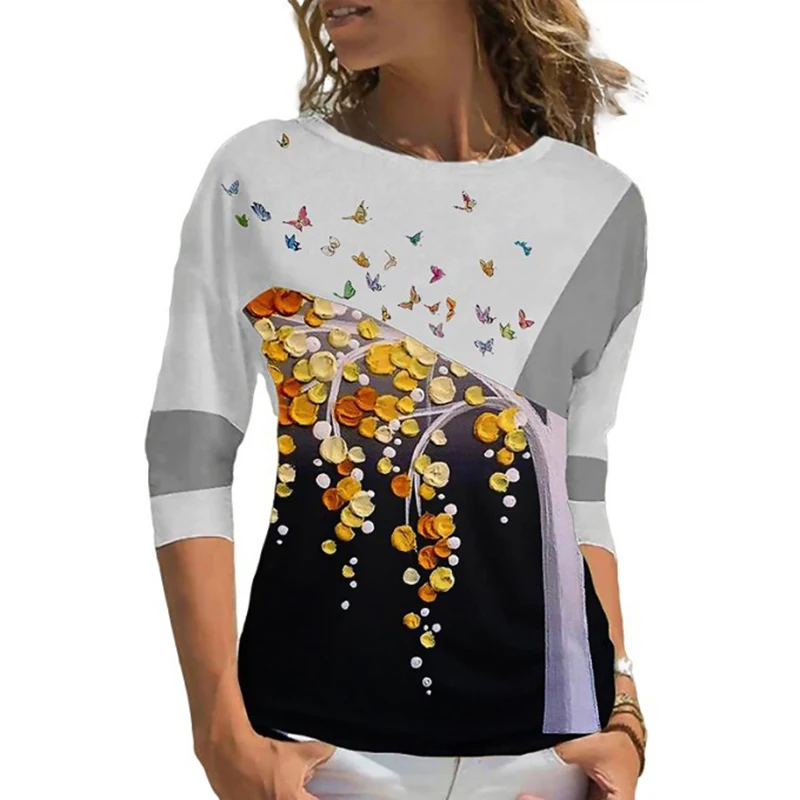 Женская свободная блузка с круглым вырезом и длинными рукавами - купить по