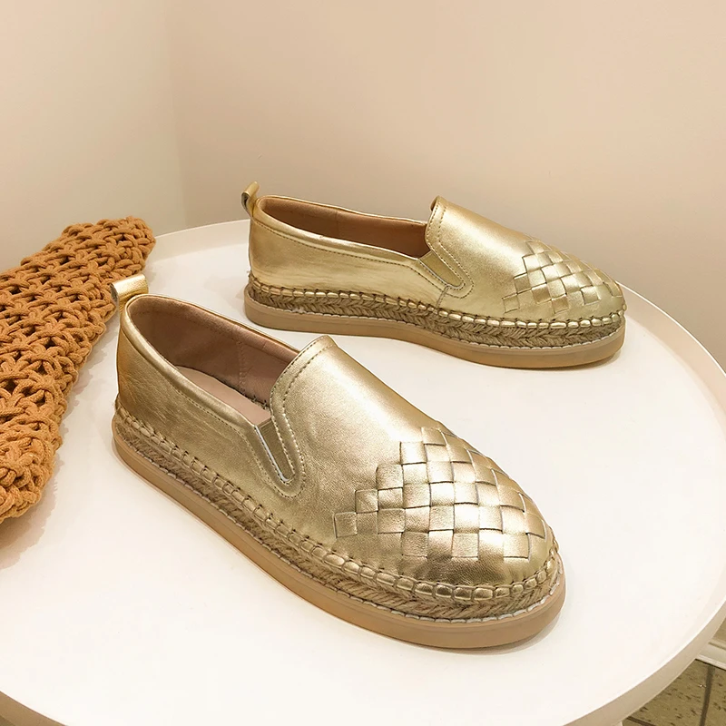 

ISNOM Straw Flats Sheep Leather Shoes Bohemia Style Rubber Sole Women Round Toe Platform Flat Shoes