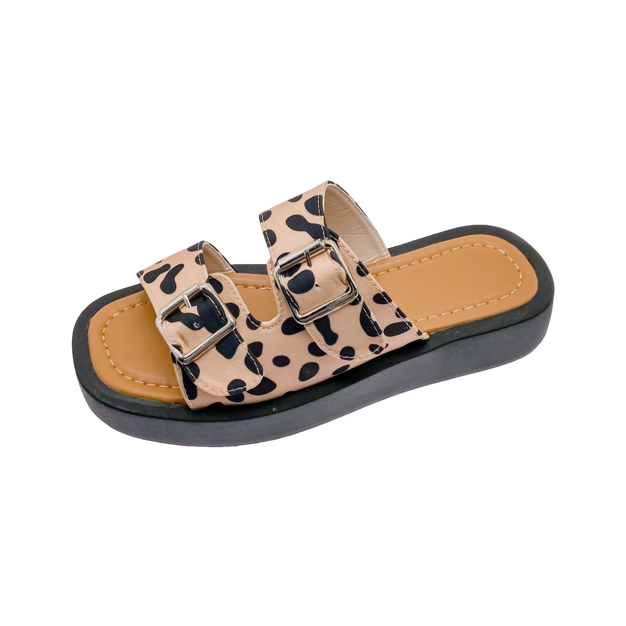 

Woman Leopard Snake Print Double Buckle Decorative Set To Wear Open-toed Flat Bottom Fashion Casual Sandals and Slippers