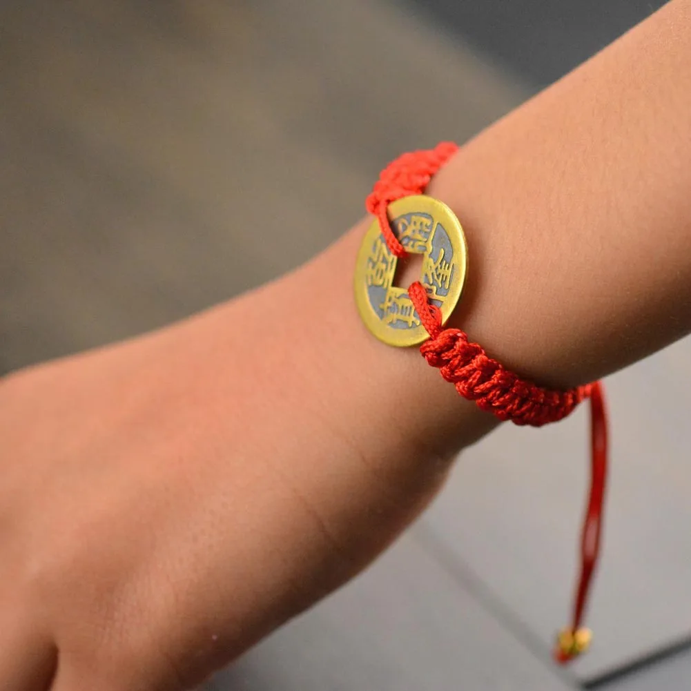 Счастливая Медь Монета браслет в традиционном китайском стиле Feng Shui Красная Нить