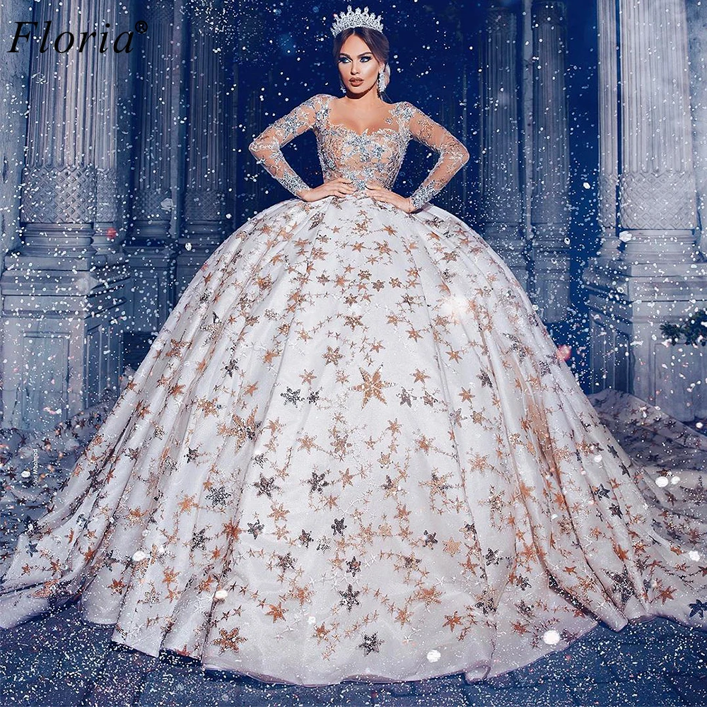 

Middle East Stars Pattern Celebrity Dresses A-Line Long Sleeves Formal Pageant Dresses Evening Wear Dubai Princess Wedding Party