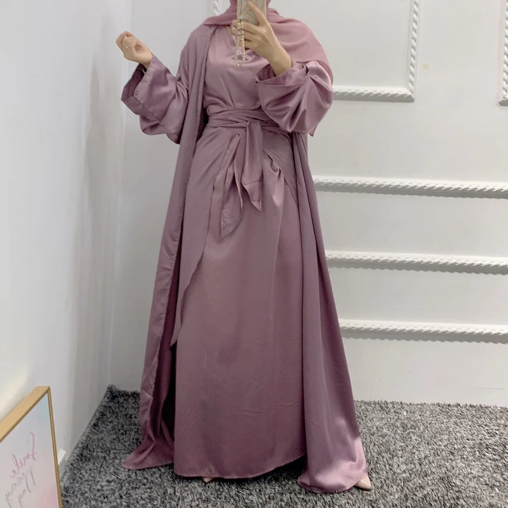 Женский мусульманский комплект, комплект из 3 предметов, тонкое атласное кимоно Абая, платье с длинным рукавом, юбка с запахом, Дубай, Турция