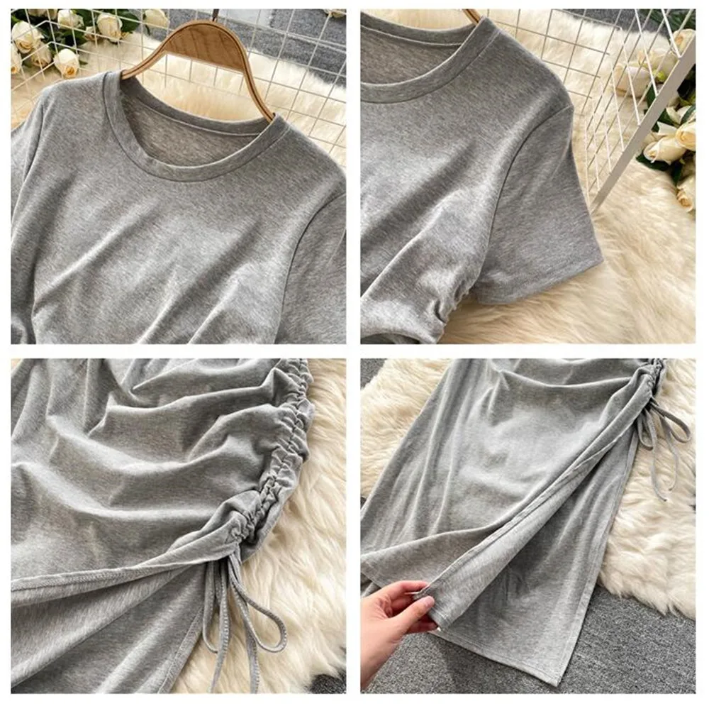 

Summer Loose Casual Drawstring Dress Women Slim Split Midi Dresses Fashion O Neck Short Sleeve High Waist Robe Vestidos Female