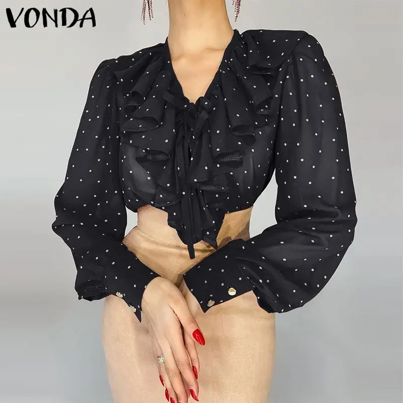 

VONDA 2021 Women Vintage Polka Dot Printed Tops Women Sexy V Neck Blouse Bohemian Blusas Femininas Long Sleeve Office Shirts