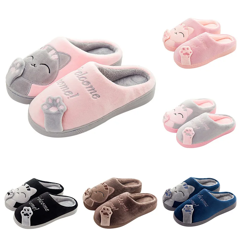 

1 Pair Women Cotton Slippers Winter Home Cat Shoes Non-slip Soft Winter Warm House Slippers Indoor Bedroom Lovers Couples