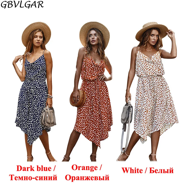 

GBVLGAR Women Boho Sleeveless Asymmetrical Dots Dress Female Summer Spaghetti Straps Dress Holiday Beach Long Dresses Vestidos