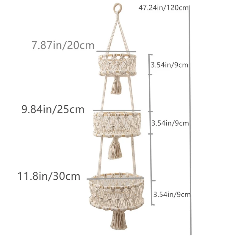 

Boho 3 Tier Hanging Fruit Basket Woven Macrame Tassel Plant Holder Organizer